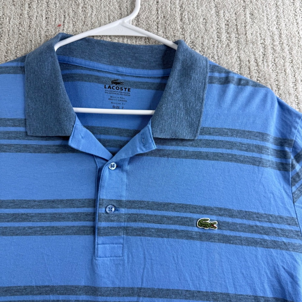 Lacoste Regular Fit Striped Polo Shirt Mens Size 7 Blue Short Sleeve RN87651